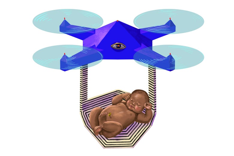 A drone holding a baby.